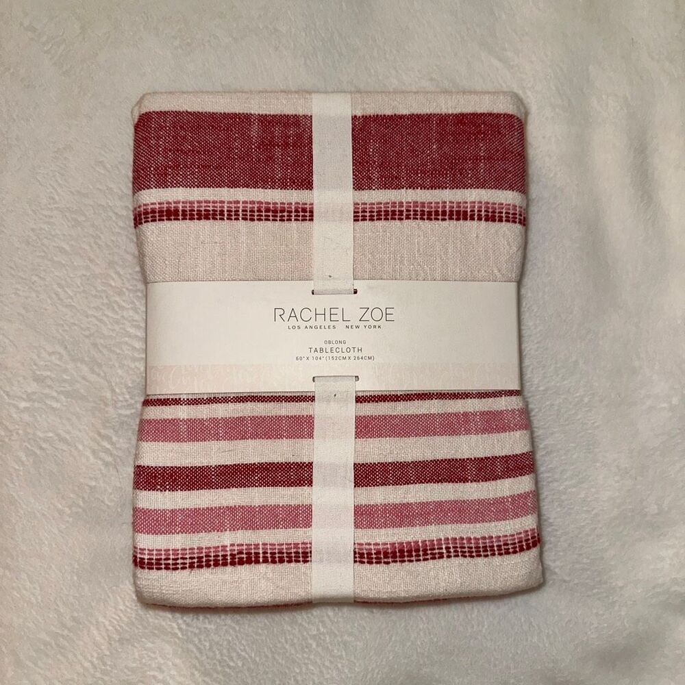 Rachel Zoe Tablecloth Oblong 60 x 104” Red White Pink Stripes 100% Cotton NWT